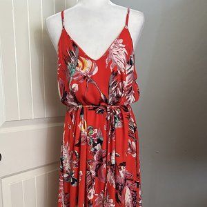 She + Sky V-Neck Spaghetti Strap Half-Lined Self-Tie Maxi Dress Red Floral S NWT